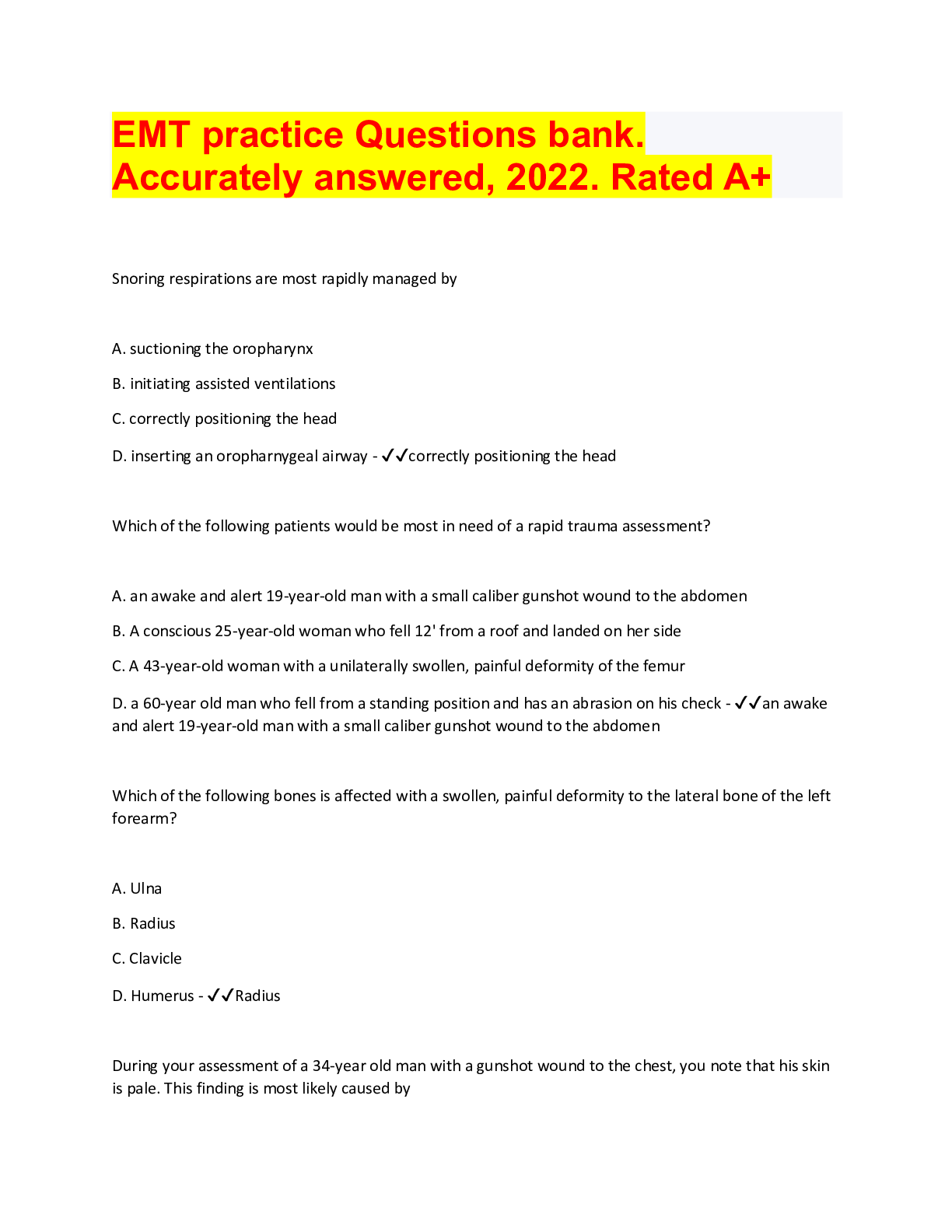 Preview image for EMT practice Questions bank. Accurately answered, 2022. Rated A+